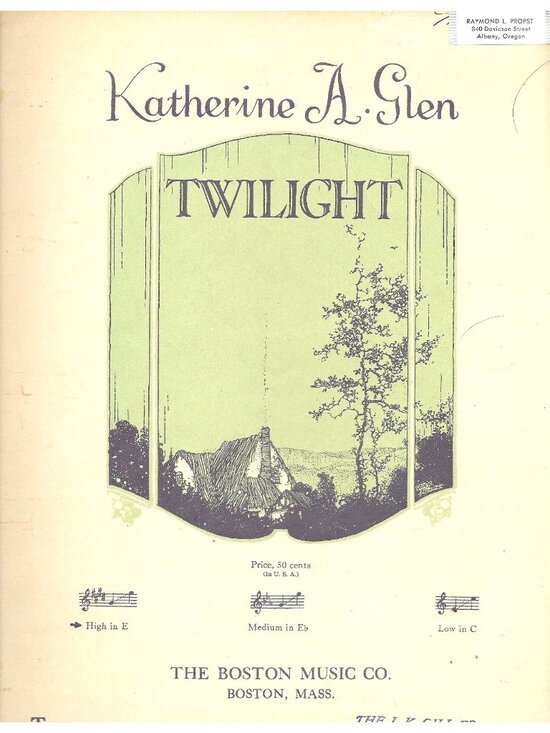 The Boston Music Co. Other - 1916 “Twilight” Katherine A Glen Sheet Music Boston Music Teasdale